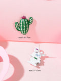 Funny Cartoon Green Cactus Easter Bunny Rabbit Animal Stud Asymmetrical Earrings