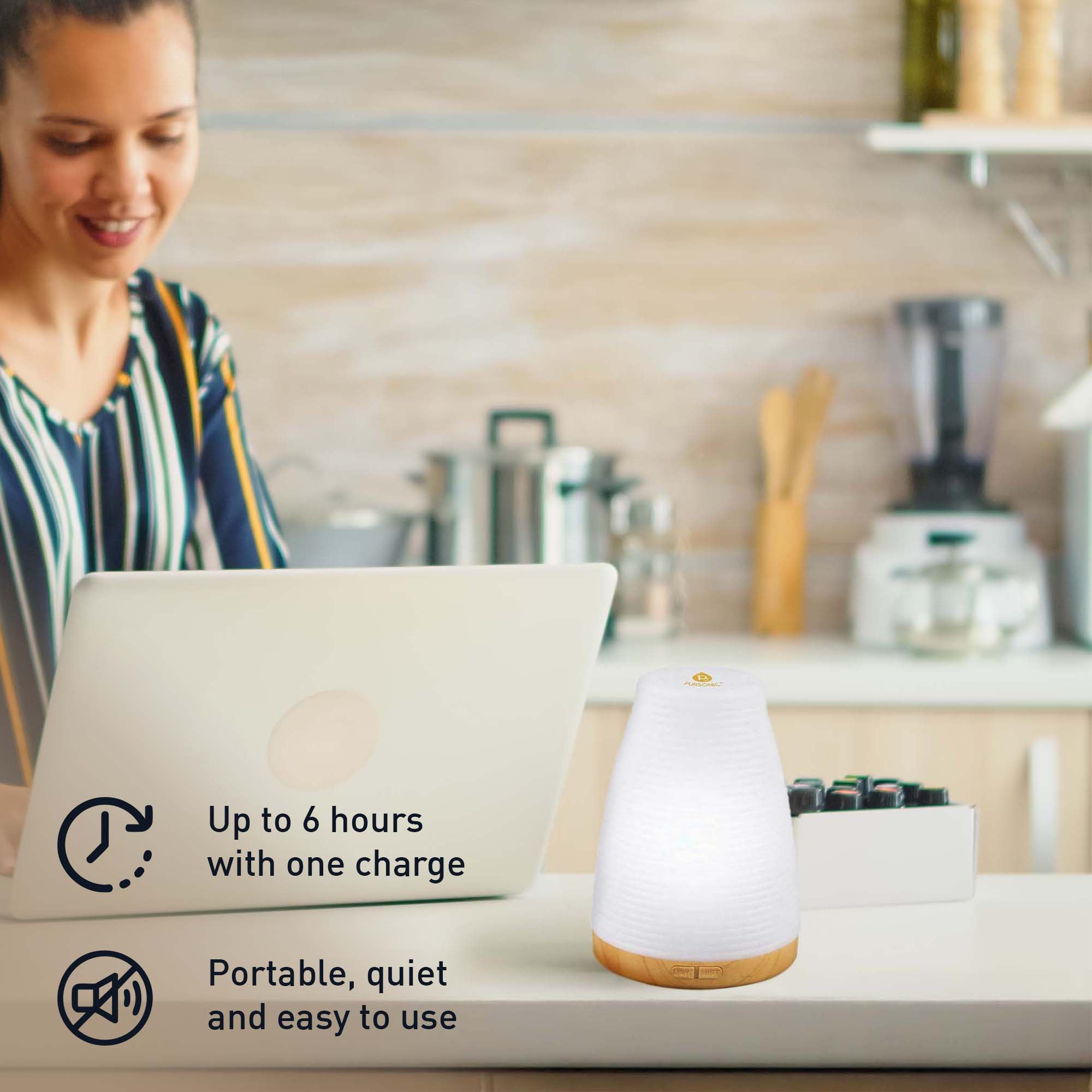 Pursonic Essential Oils Wellness Bundle – Includes Lava Stone Bracelet, 2-in-1 USB Diffuser, and 6-Pack of 100% Pure Aromatherapy Oils