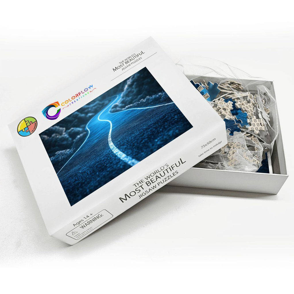 ColorFlow | Blue Path Into the Unknown Wooden Jigsaw Puzzle Surreal Journey Art Puzzle